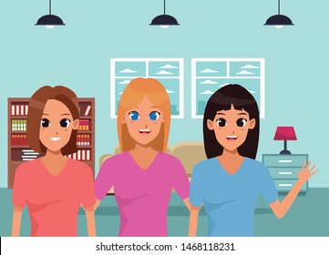 Family mother with adult daughters inside home vector illustration graphic design