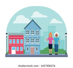 Family mother with adult daugther together cartoon in city neighborhood scenery with houses vector illustration graphic design.