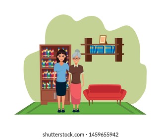 Family mother with adult daugther together cartoon inside home living room with sofa and library scenery ,vector illustration graphic design.