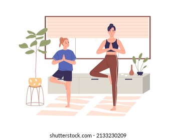 Family, mother and child, doing physical exercises at home. Healthy woman and girl practicing yoga, sport indoors. Mom and kid during workout. Flat vector illustration isolated on white background