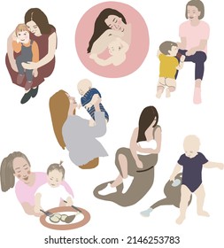 Familia, madre con hijo. Mamá sostiene al bebé en sus brazos. El concepto de amor familiar y confort. Cuidada ilustración del amor maternal. Día del Niño. Ilustración vectorial.