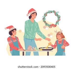 Family of mother and children cooking festive dinner, flat vector illustration isolated on white background. Mother and kids cooking together for Christmas and New Year holiday celebration.