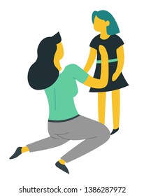 Family mother and daughter dressing up isolated female characters vector bringing up child little girl in dress mom on knees parent and kid growing up love and care leisure activity mommy and infant
