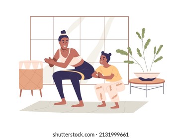 Family, mother and daughter, exercising at home together. Happy woman and girl doing sports, working out indoors. Active mom and kid training. Flat vector illustration isolated on white background