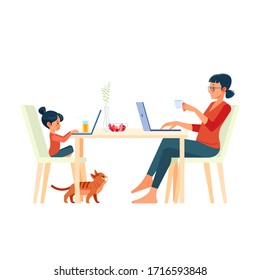 Family mother and daughter sitting at desk and working on computer at home. Female freelance worker with child at workplace. Child online education. Maternity and career. Cartoon vector illustration.