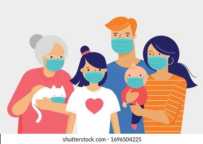 Familie, Mutter, Vater, Baby und Mädchen, die während des Ausbruchs des Koronavirus medizinische Masken tragen. Covid-19 Konzept. Selbstisolierung, Quarantäne. Vektorillustration-Flachbild-Illustration