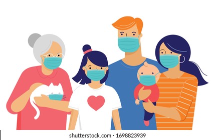 Family, mother, father, baby and a girl wearing medical masks during Coronavirus. Covid-19 concept. Self isolation, quarantine. Vector flat style illustration