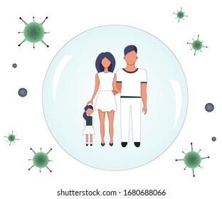 Family of mother, father and child are hiding under the protective dome from virus. Can be used on banner, print or web template. Vector illustration isolated on white background.