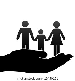 A family of mother, father, child symbols are held in a cupped hand.