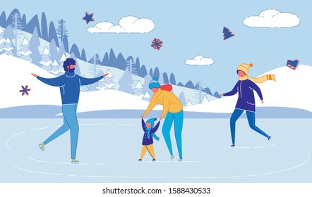 Family - Mother, Father and Children Cartoon Characters Skating on Ice Skate Rink. Christmas Holidays Outdoor Fun, Winter Seasons Sports Activities for Joy and Health. FLat Vector Illustration.