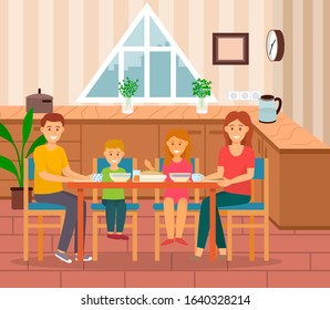 Family of mother and father with children eating at kitchen or dining room. Family gathered on holidays having dinner or breakfast together. Mom and dad with kids in house, apartment interior vector