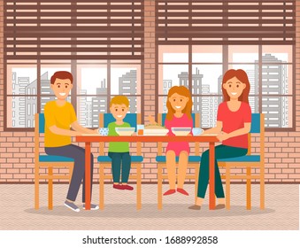 Family of mother father and children eating out. People at diner or breakfast in cafe or restaurant with view on city. Kids and parents on weekends or holidays having brunch drinking beverages vector