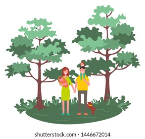 Family mother, father and children walking outdoors with dog pet. Vector mom and dad, son and daughter spending time together in spring or summer forest