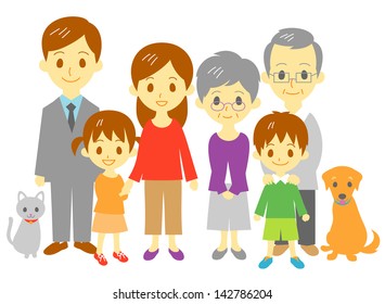 FAMILY mother, father, daughter, son, grand mother, grand father, cat, dog, full length