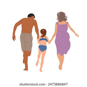 Family with mother, father and daughter walking, running in summer clothes on sea beach. Summer vacation, holidays concept. Vector colorful illustration isolated on white background.