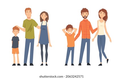 Family with Mother, Father and Kids Spending Time Walking Together Vector Set
