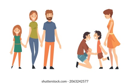 Family with Mother, Father and Kids Spending Time Walking Together Vector Set