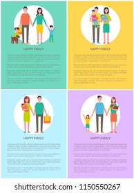 Family mother and father posters with text sample set. Spouses husband and wife with kids. Dad carrying bag, mom holding newborn infant kid vector