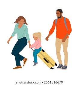 Family with mother, father and small daughter with suitcase going to vacation travel. Vector flat illustration isolated on white background