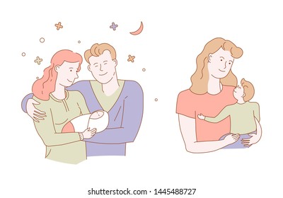 Family Mother Father Son And Daughter Isolated Characters Love And Care Vector Man And Woman Child Or Kid Dad Holding Sleeping Baby Hug Or Embrace Parents Married Couple Husband And Wife Night.