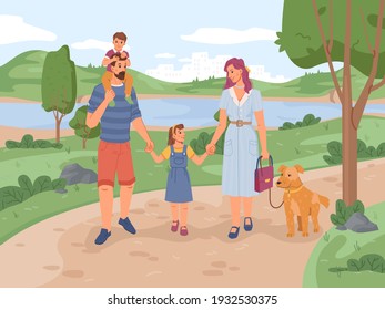 Family Mother, Father, Son And Daughter Walking In Park With Dog. Vector Flat Cartoon People And Pet Animal Resting On Nature, Green Trees, Grass, River Or Lake On Background. Leisure Pastime Together