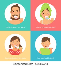 Family: mother, father, son and daughter are brushing teeth