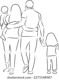 Family. Mother, father and two children, vector. Hand drawn sketch. Mother, father and two children are walking, view from the back.