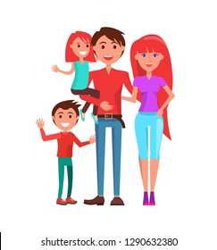 Family mother, father and two kids isolated on white. Vector parents, boy and girl, redhead mom and daughter, brunette son and dad, couple with infants