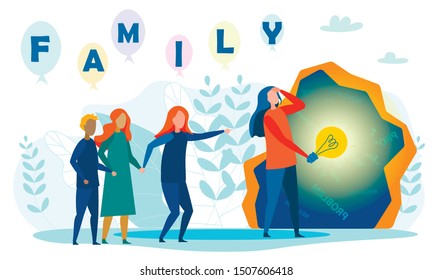 Family with Mother and Kids near Problems Cave. Woman Holding Glowing Light Bulb Metaphor Idea. Multiracial Children Group Standing Hold Hands. Troubleshooting Motivate Banner. Vector Illustration