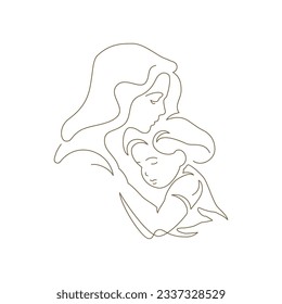 Family mother and little baby daughter hugging to each other with love continuous line art logo vector illustration. Happy young mommy embracing kid child enjoy motherhood maternity contour silhouette