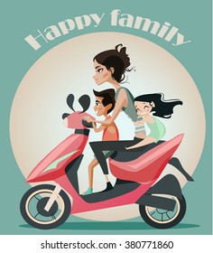 Family of mother and two kids on motorbike.