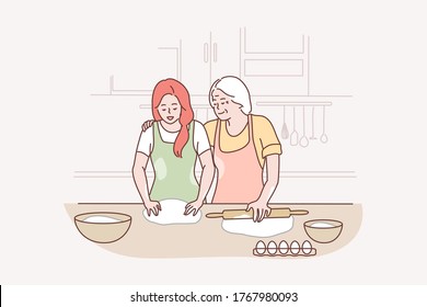 Familia, maternidad, cocina, recreación, ocio, concepto de amor. Feliz anciana madre y joven sonriente hija horneando en la cocina juntos amasando masa haciendo galletas. Ilustración del día de la madre.