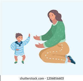 Family, motherhood and parenthood concept. Happy smiling young mother is playing with her little baby boy on the floor. Mom is playing with her son. Vector cartoon illustration in modern concept