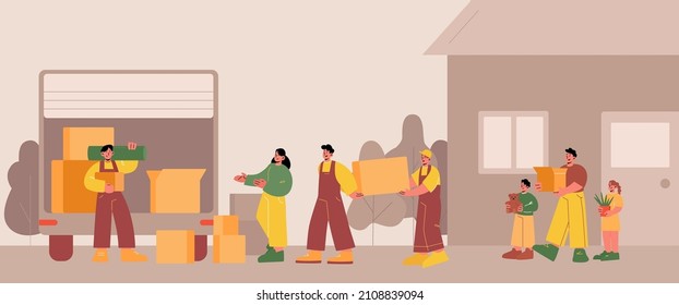 Family move to new house with cardboard boxes. Vector flat illustration of workers carry home stuff to van with open trunk. Concept of moving service with loaders and truck