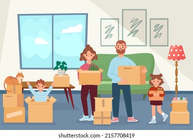 Family move to new house. Happy parent and children holding boxes with household stuff. Mother, father, kids and cat relocating, changing apartment. Cartoon characters in living room vector