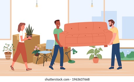 Family move to new house or home apartment vector illustration. Cartoon happy woman with flower pot, young man characters holding sofa furniture, preparing belongings for moving relocation background.