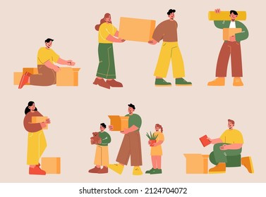 Family move to new house and packing home stuff. Vector flat illustrations of happy people and kids carry cardboard boxes. Concept of relocation, moving, delivery and package