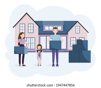 The family moves to a new house. Boxes of things. Husband and wife, child. Dad and Mom