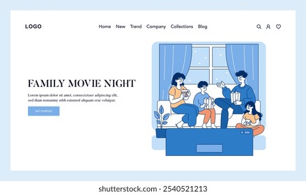 Family Movie Night concept. Cozy scene of a family enjoying films at home together, creating memorable moments. Vector illustration.