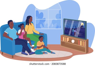 Family Movie Night On Halloween 2D Vector Isolated Illustration. Parents With Children Sitting On Sofa Flat Characters On Cartoon Background. Bonding Experience For Whole Family Colourful Scene