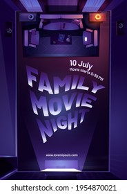 Familienfilmnachts-Poster. Fernsehkino-Show, Nachtveranstaltung auf TV. Vektorflyer mit Cartoon-Illustration von der Draufsicht des leeren dunklen Wohnzimmers mit Sofa, Stühlen, Couchtisch und leuchtendem Bildschirm