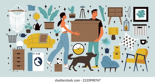 Family moving big set of home interior elements and couple holding box with household items flat vector illustration