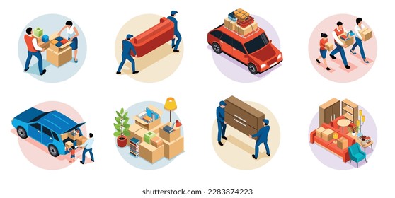 Family moving compositions set with movers and owners carrying furniture and boxes loading packed belongings into car 3d isometric isolated vector illustration
