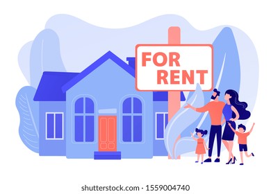 Family moving to countryside area. Realtor shows townhouse. House for rent, booking hose online, best rental property, real estate services concept. Pinkish coral bluevector isolated illustration