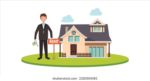 Family moving to countryside area. Realtor shows townhouse. House for rent, booking house online, best rental property, real estate services concept.