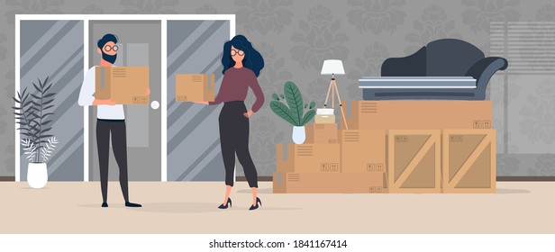 The family is moving. Moving home. The guy and the girl are holding boxes. Vector.