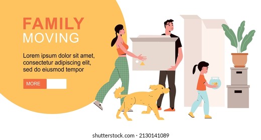 Family moving horizontal banner with parents their daughter and dog relocating to new house flat vector illustration