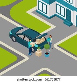 Family moving from house to apartment loading  packed boxes into car trunk isometric banner abstract vector illustration