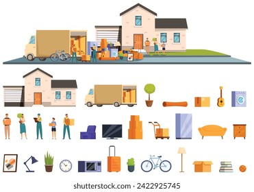 Family moving house icons set cartoon vector. Furniture home. Real estate