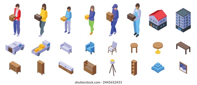 Family moving house icons set isometric vector. Home furniture. Estate property